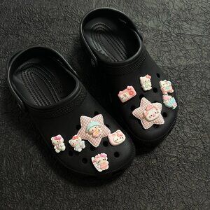 Kawaii Pink Plaid Hello Kitty Plush Crocs Shoe Charms Y2K Fun Accessories 10PCS
